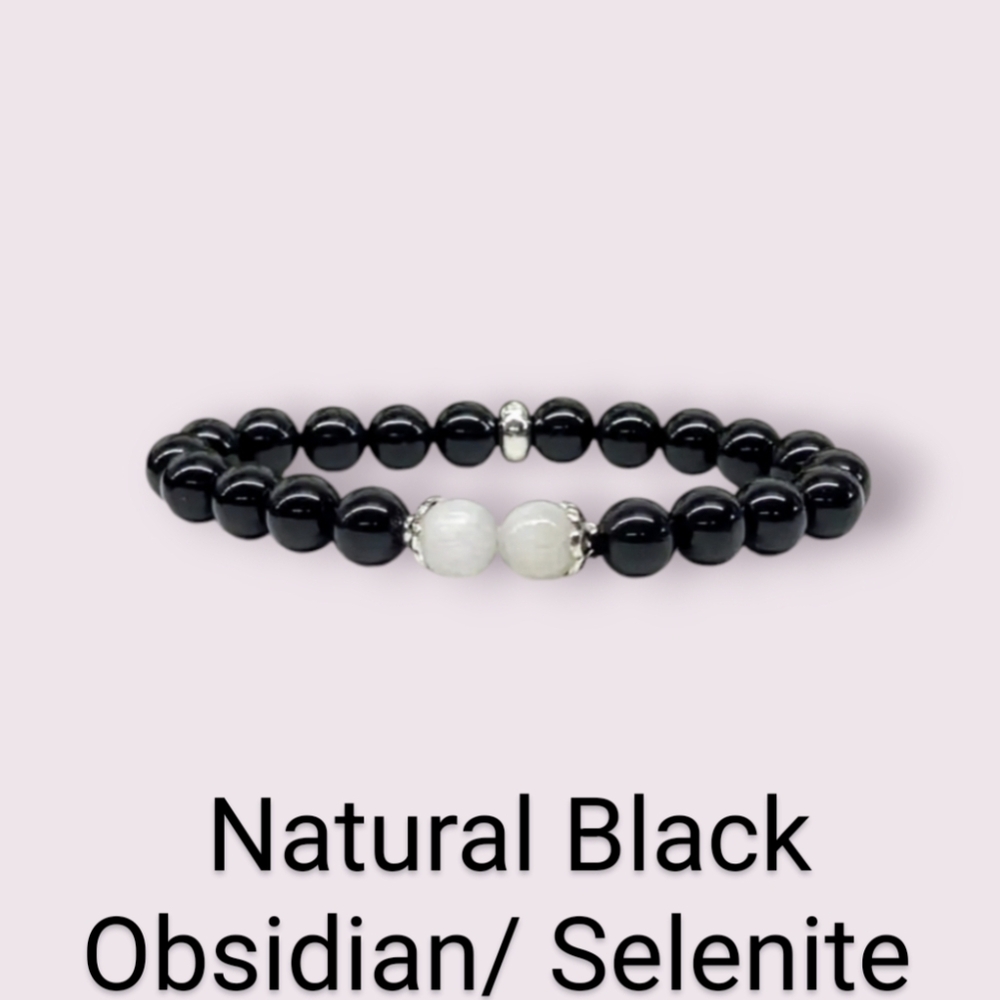 Handmade Natural Black Obsidian with Selenite Stretchable Bracelet